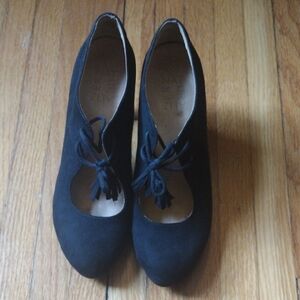 Naturalizer Black Suede Tassel Lace-Up Heels